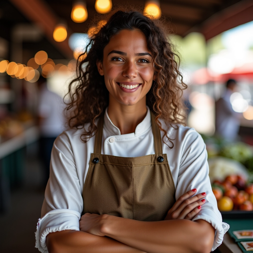 Mujer chef con delantal marrón sonriendo en un mercado local con frutas y verduras frescas de fondo